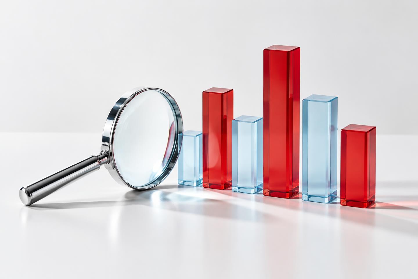 Magnifying glass beside translucent chart columns